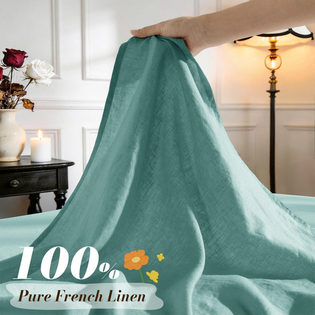 SONORO KATE 100% French Pure Linen Sheets, Breathable and Durable Linen Queen Size Sheets, Anti-Tear Linen Bed Sheets, Machine Washable, 16 Inch Deep Pocket - 4 Piece (Aqua, Queen)