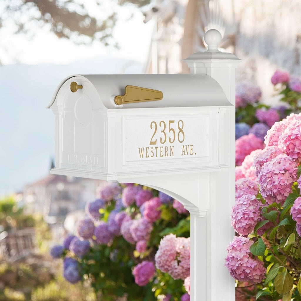 Whitehall Custom Extra Large Mailbox - Balmoral Model with Address Plaques and Side Mount Post Package, Sand Cast Aluminum, White Personalized in Goldtone