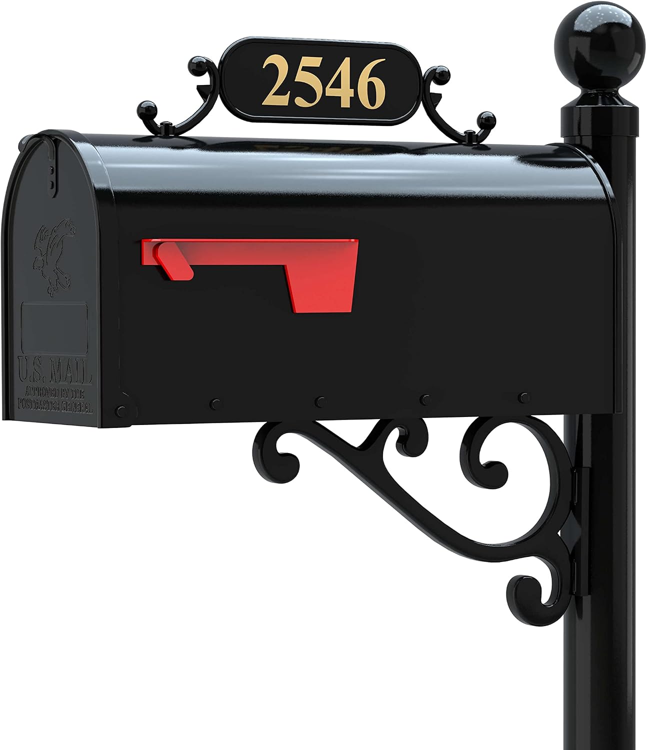 Corinthia Mailbox with Post Combo – Black Aluminum Decorative Mailbox – Includes Address Plaque, House Numbers, Ball Finial, & Hardware (Large)