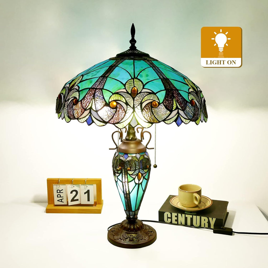 Tiffany Lamp Green Handmade Stained Glass Table Lamp Desk Light 18' Wide 24' Tall Vintage Tiffany Style Table Lamp for Bedroom Living Room Home Office, LED Bulb Included