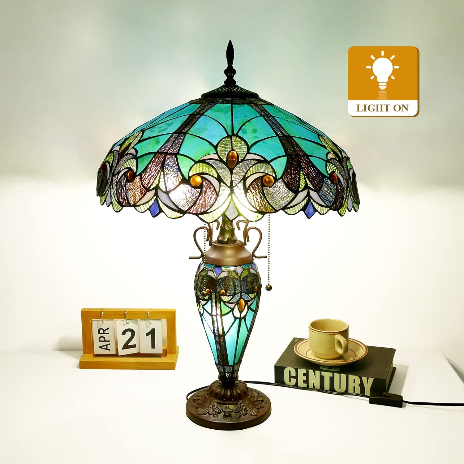Tiffany Lamp Green Handmade Stained Glass Table Lamp Desk Light 18' Wide 24' Tall Vintage Tiffany Style Table Lamp for Bedroom Living Room Home Office, LED Bulb Included