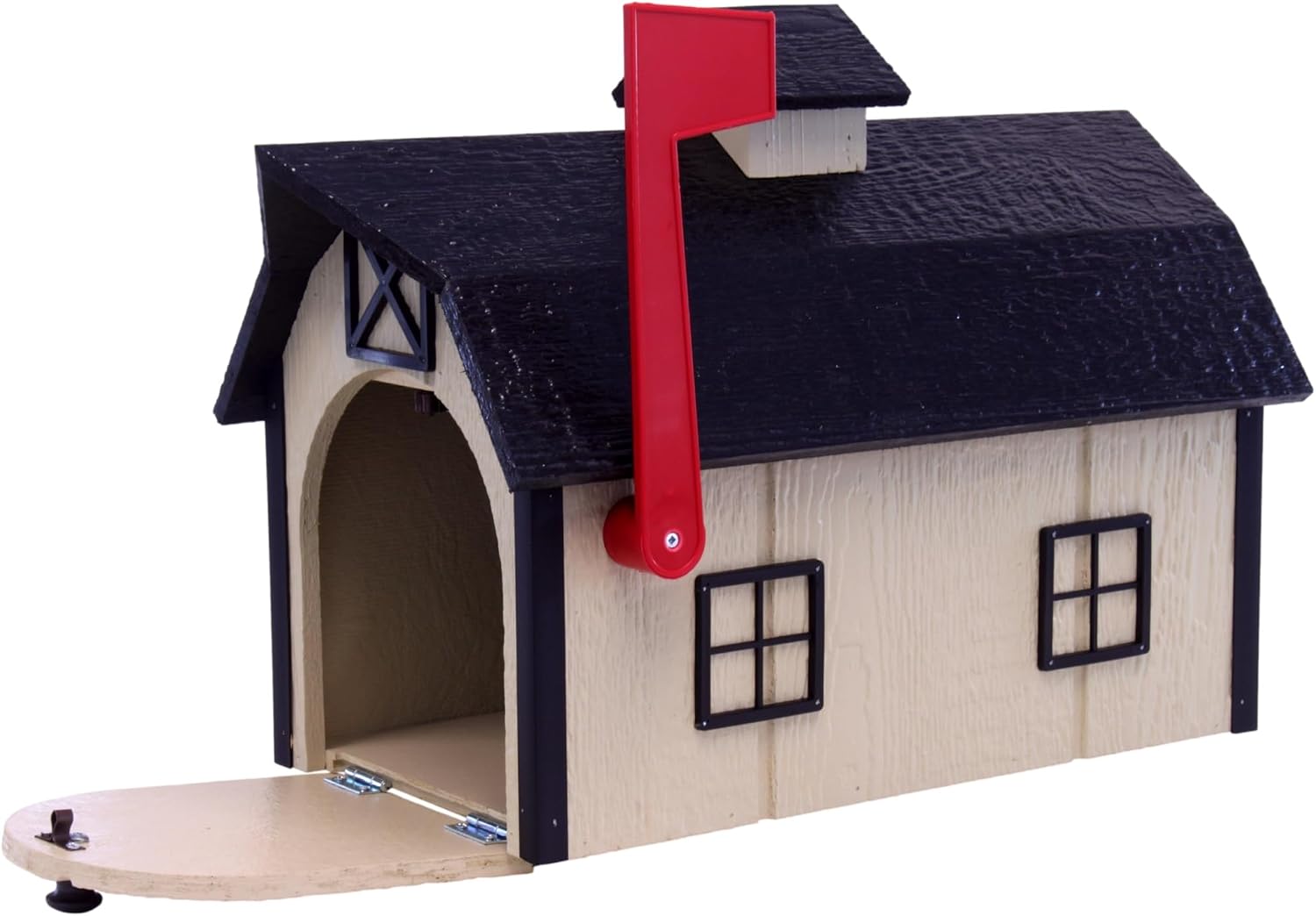 Deluxe Wooden Mailbox, Post Mount, Dutch Barn Style (Beige and Black)