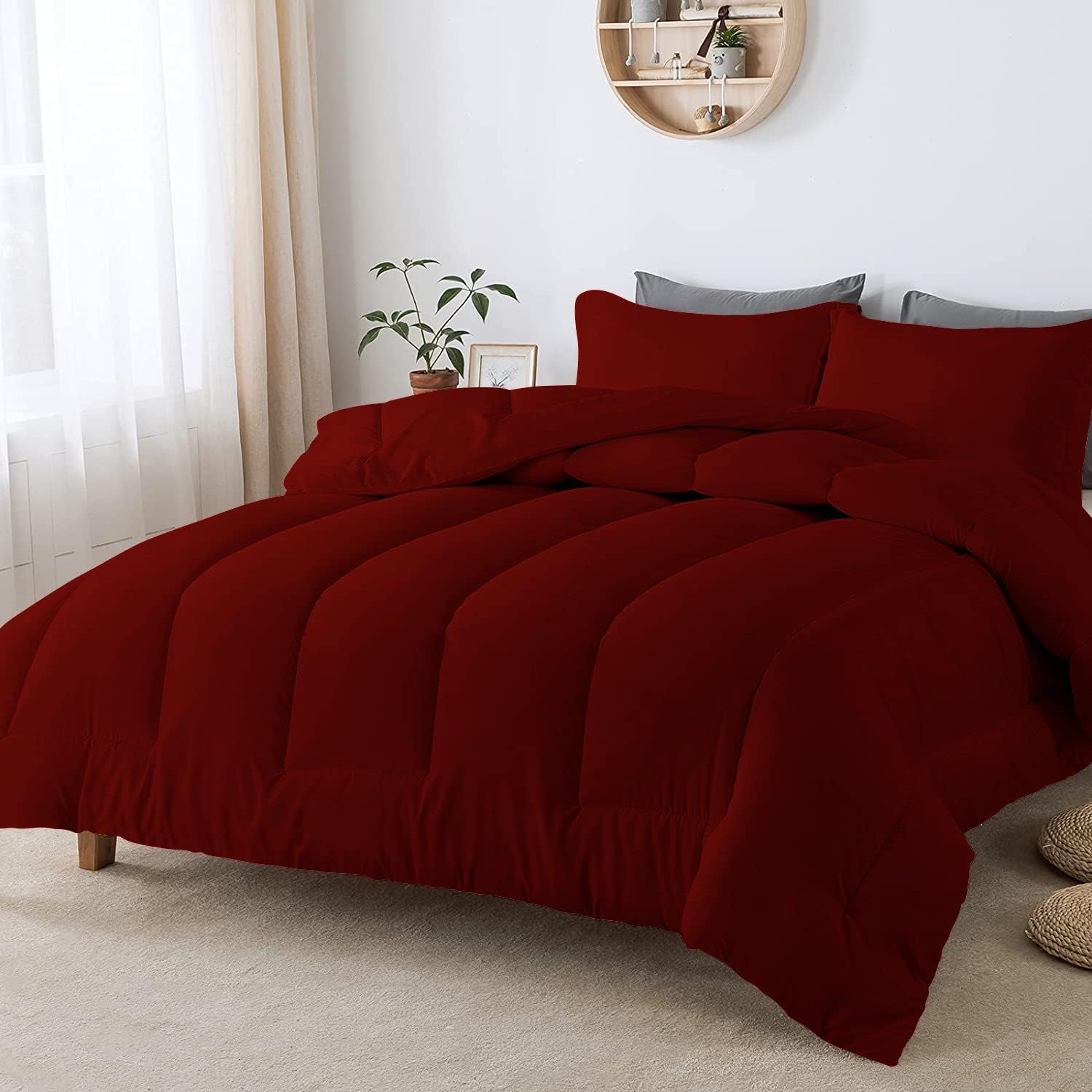 5 PC Straight Line Pattern Comforter Set Premium Super Soft 600 GSM All Season | 1000 Thread Count | 100% Egyptian Cotton ( Full/Queen Size, Burgundy Color)