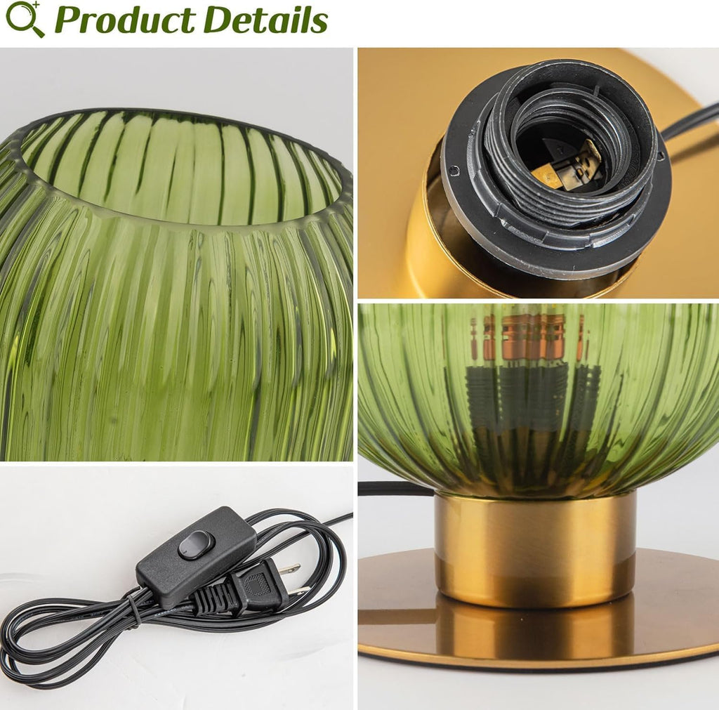Bedside Table Lamps Set of 2, Small Glass Table Lamp Green Bedside Lamp with Brass Metal Base, Mid Century Table Lamp Gold Nightstand Lamp End Table Lamps for Bedroom Living Room Office