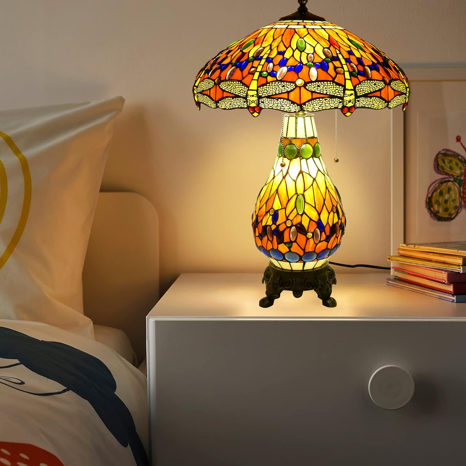 Tiffany Style Table Lamp Beautiful Dragonfly Tiffany Lamp Handmade Stained Glass Lamp 18x18x27 Inches Mother-Daughter Style Desk Reading Light Decor for Bedroom Living Room Home Office