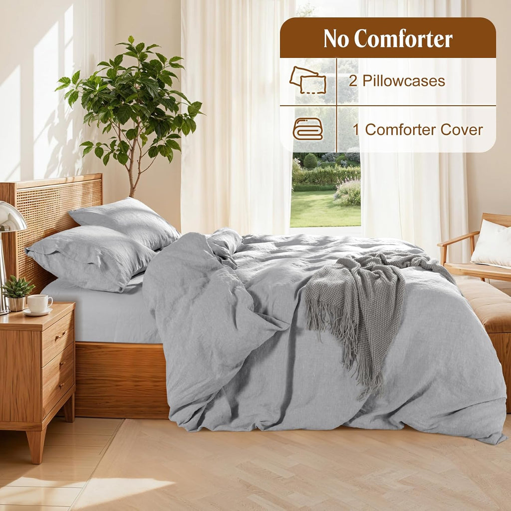 LBRO2M 100% France Linen Duvet Cover Set 3 Pcs Including 1 Flax Comforter Cover with Zipper Closure, 2 Pillowcase, Cozy Duvet Cover Queen Size, Gray
