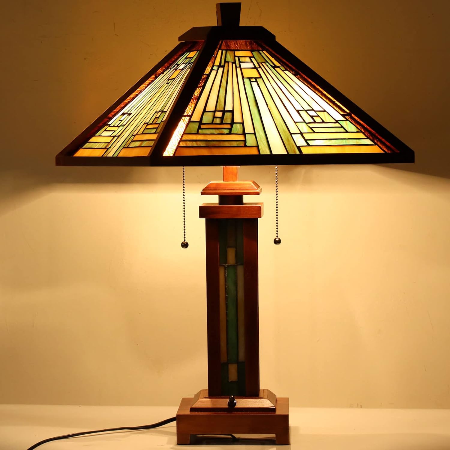 Capulina Tiffany Lamp Stained Glass Table Lamp 3-Light 15X15X26 Inches Amber Brown Wooden Base Tiffany Style Desk Lamp with Night Light Decor for Living Room Bedroom Home Office