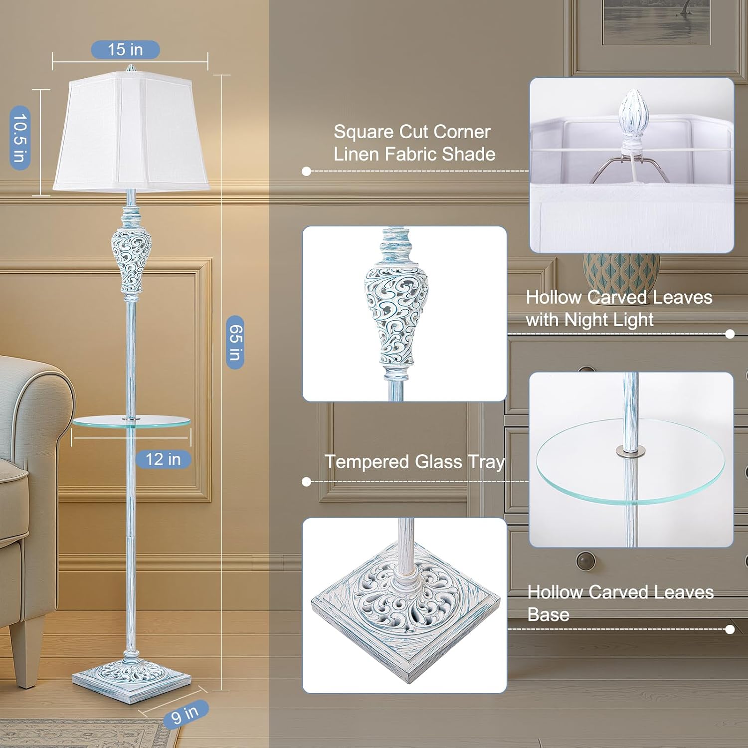 Vintage Floor Lamp with Night Light and Glass Tray, 65' High Retro Standing Lamp with Washed Blue Finish and White Linen Shade, Farmhouse Tall Lamp Decor for Living Room Bedroom House (Bulb Included)
