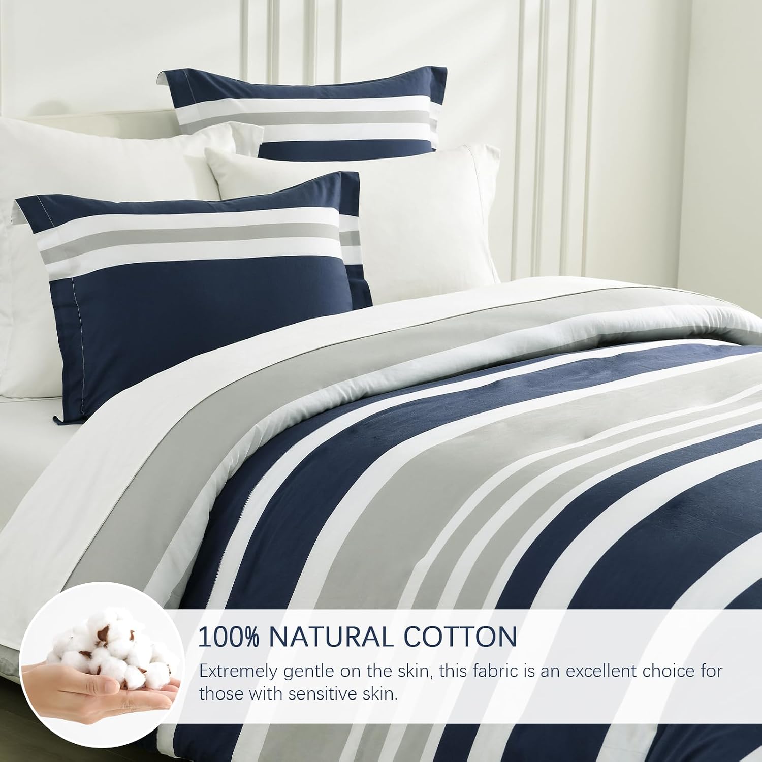 EWlinens 100% Cotton Striped King Comforter Set - Navy Blue Striped King Comforter Bedding Set, Fluffy Lightweight Quilted Reversible Comforter for King Size Bed, 104' × 90', 3pcs