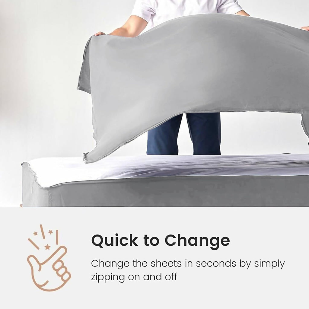 Cotton Fitted Sheet Queen - 2 Zip Sheets & 1 Fitted Sheet Base - Upto 16' Deep Pocket Queen Size Zipper Sheets - Soft & Luxury 600 TC 100% Cotton - Silver Grey