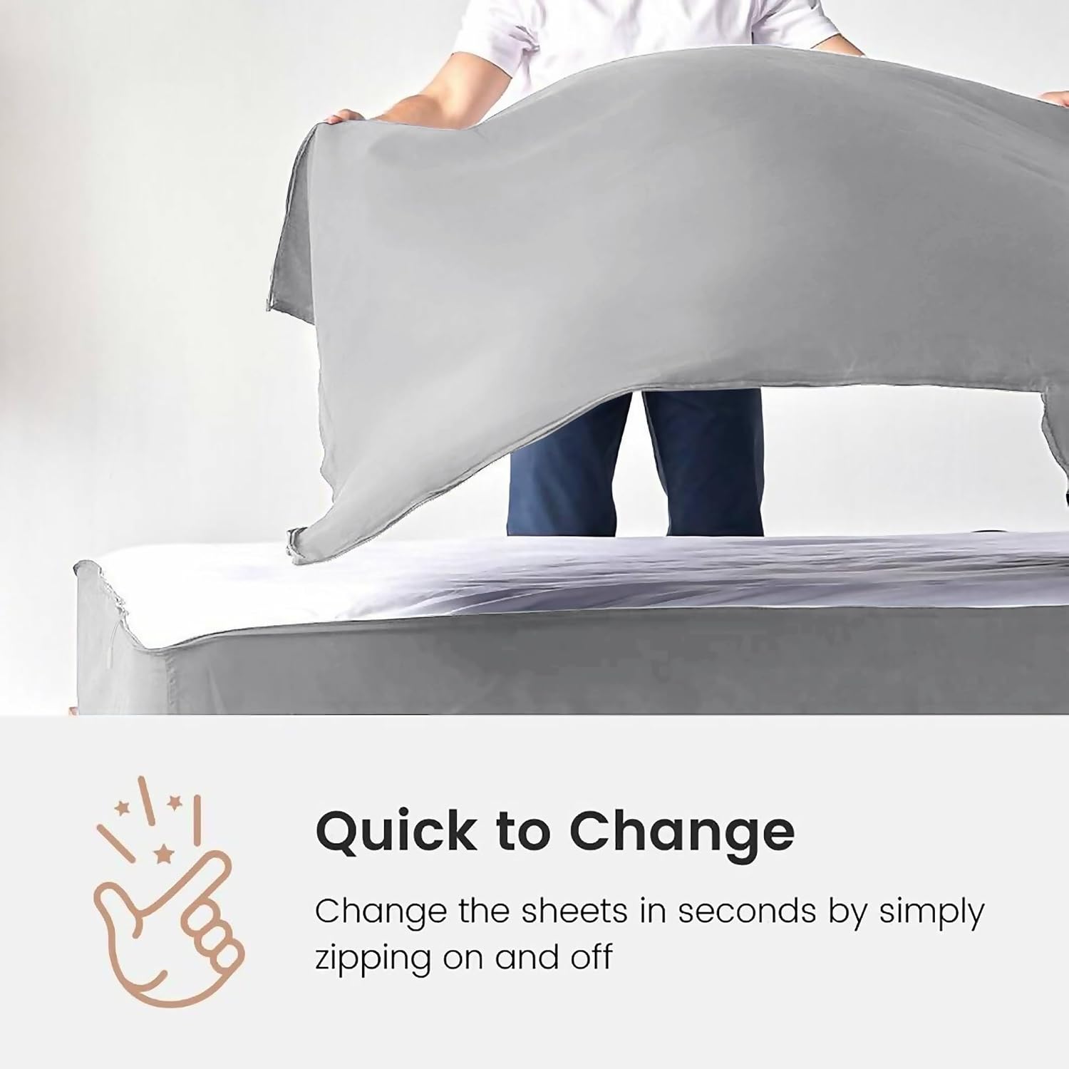 Cotton Zip Fitted Sheet Full XL - 2 Zip Sheets & 1 Fitted Sheet Base - Upto 16' Inch Deep Pocket - Soft & Luxury 600 TC 100% Cotton Zipper Sheets - Silver Grey