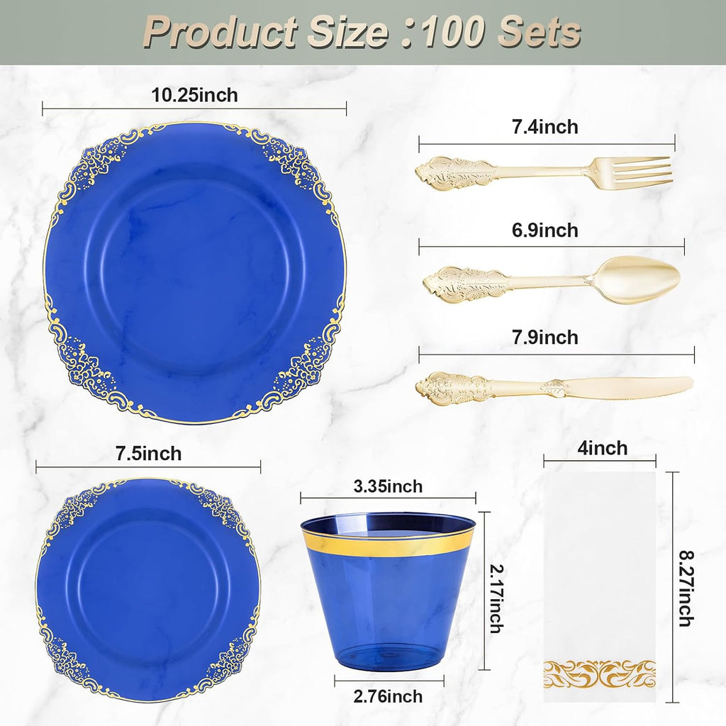 Bestluck 700PCS Clear Blue Plastic Plates for 100 Guests, Disposable Plates with Gold Trim include 100 Dinner plates, 100 Dessert Plates, 100 Gold Silverware, Cups and Napkins for Party, Graduation
