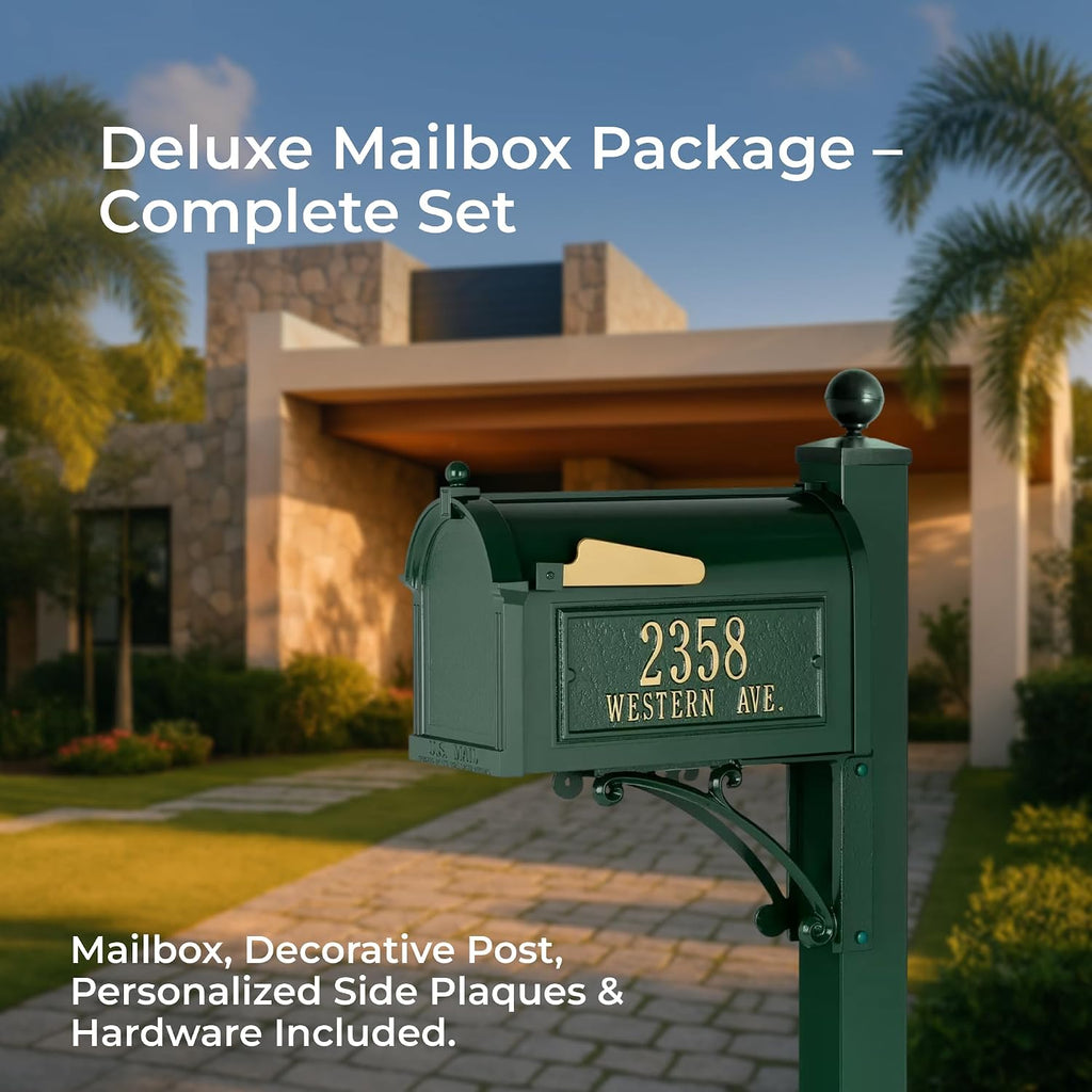 Heavy-Duty Deluxe Mailbox Package in Green Oversized Streetside Mailbox with Number and Street Name Personalized Address Plaques & Decorative Post with Ball Finial