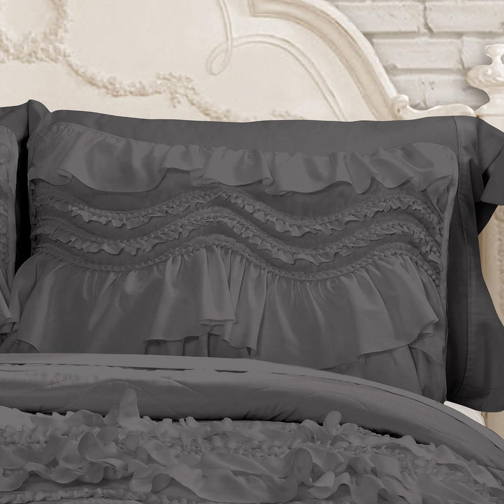100% Egyptian Cotton, 550 GSM Microfiber Filled Quilt Ruffled Textured 3 Piece Full/Queen Size Comforter Set, Dark Grey