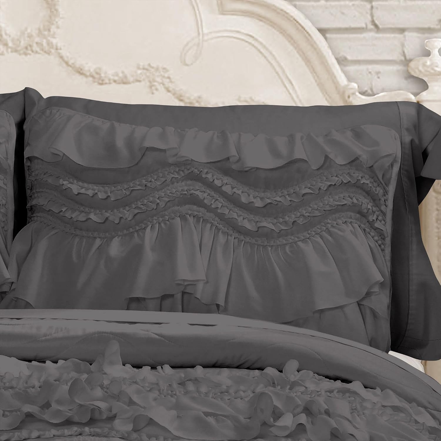 100% Egyptian Cotton, 550 GSM Microfiber Filled Quilt Ruffled Textured 3 Piece Full/Queen Size Comforter Set, Dark Grey