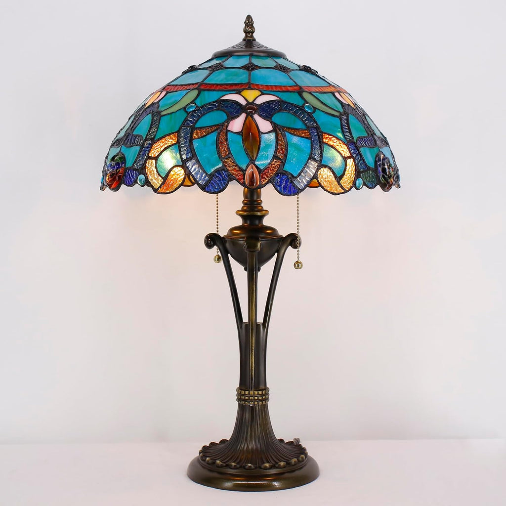 Tiffany Table Lamp 24 Inch Stained Glass Desk Lamp Blue Green Baroque Reading Light for Bedroom Living Room Bedside Nightstand