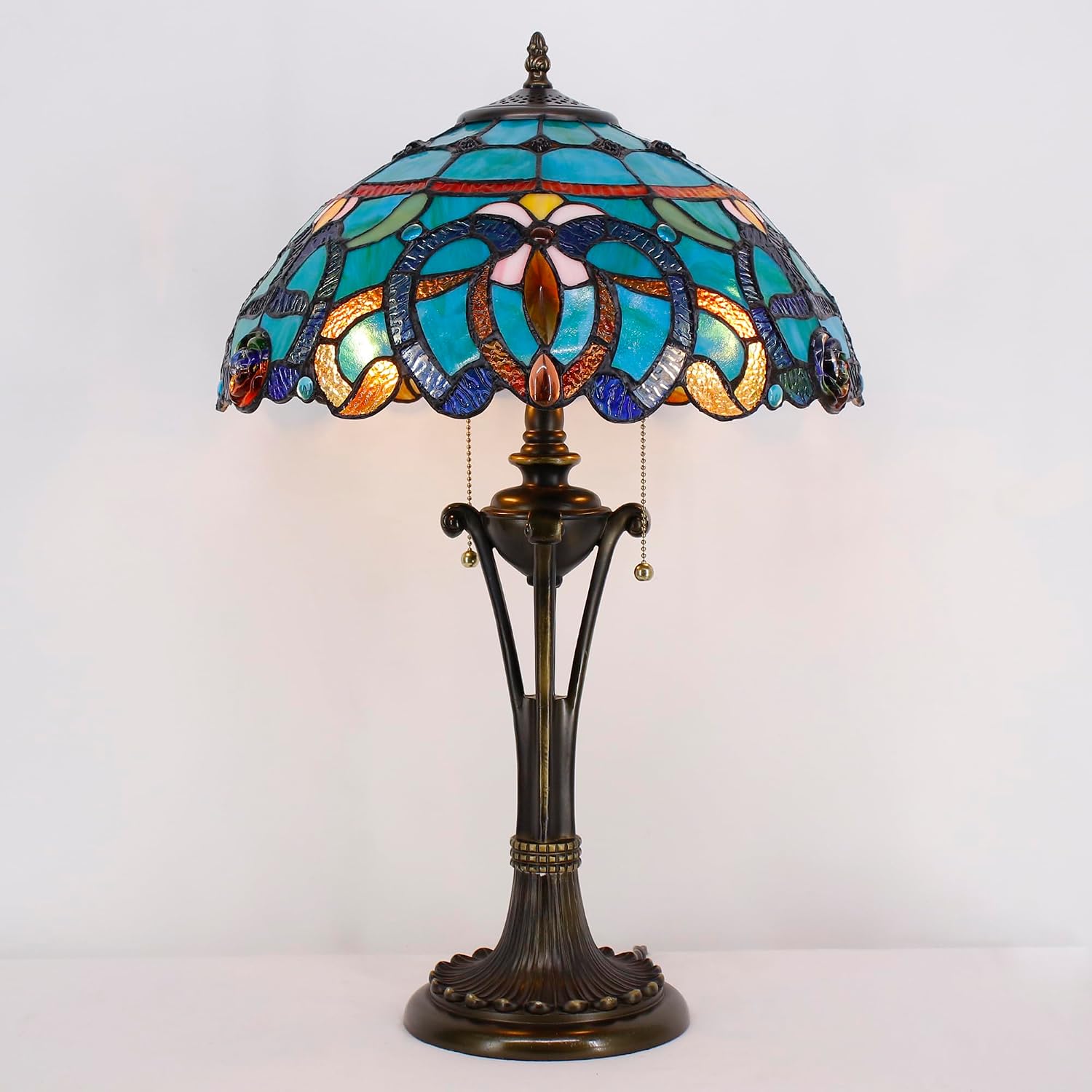 Tiffany Table Lamp 24 Inch Stained Glass Desk Lamp Blue Green Baroque Reading Light for Bedroom Living Room Bedside Nightstand