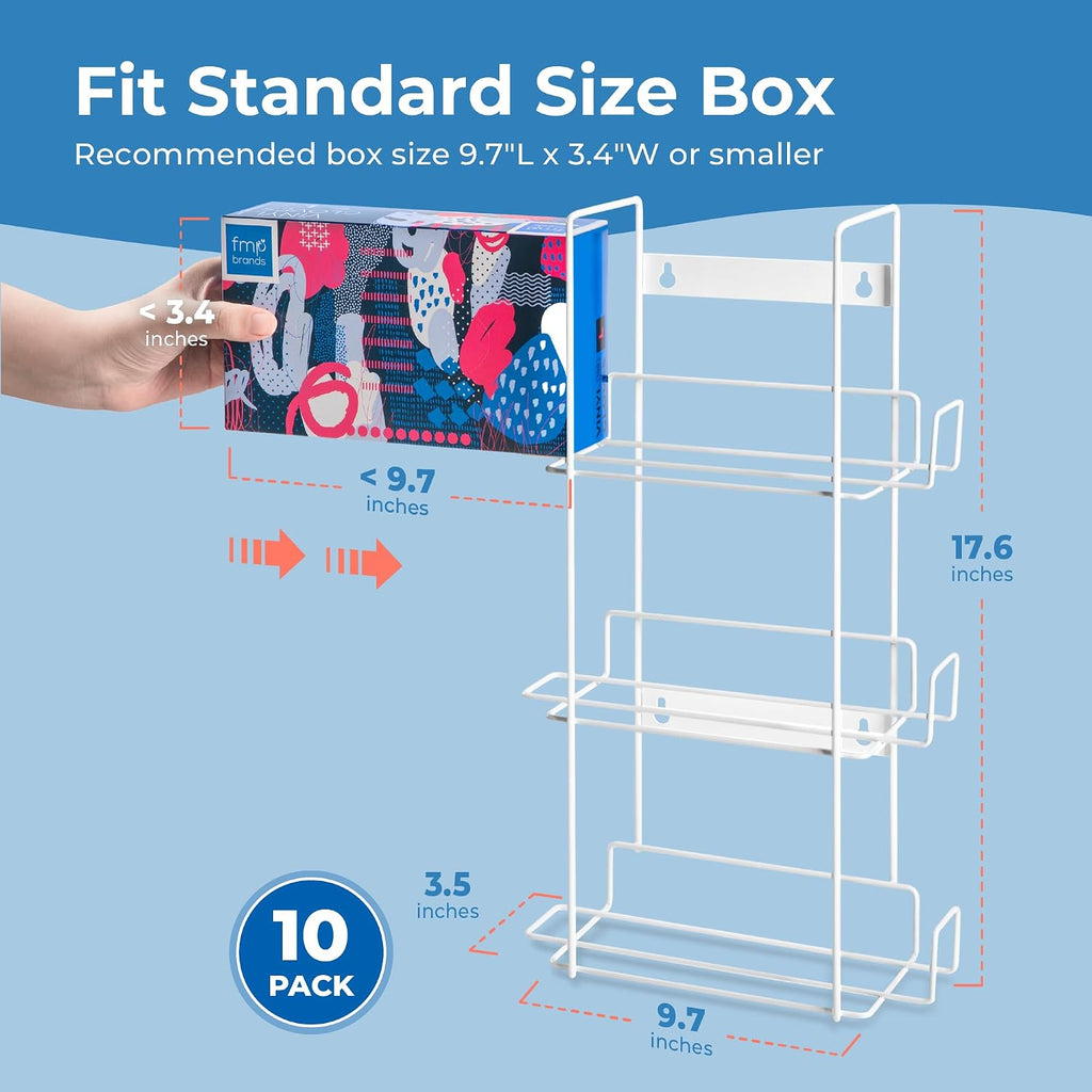 FMP Brands 10 Pack Triple Glove Holder for Wall Mount, Wire Rack Disposable Napkin Gloves Box Holder, White Durable Metal Organizer Glove Rack Holder for Food Service, Lab, Office, Home, and Garage