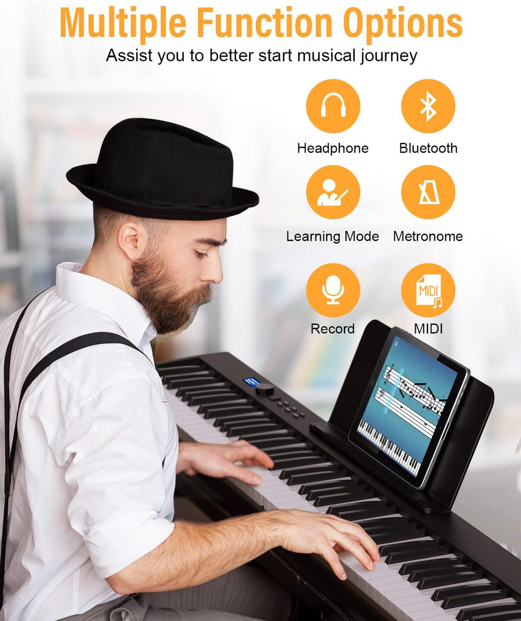 KONIX Foldable Piano Keyboard, 88 Key Full Size Semi Weighted Folding Piano Keyboard, Bluetooth Portable Electronic Keyboard Piano with Sheet Music Stand, Sustain Pedal and Piano Bag, Black