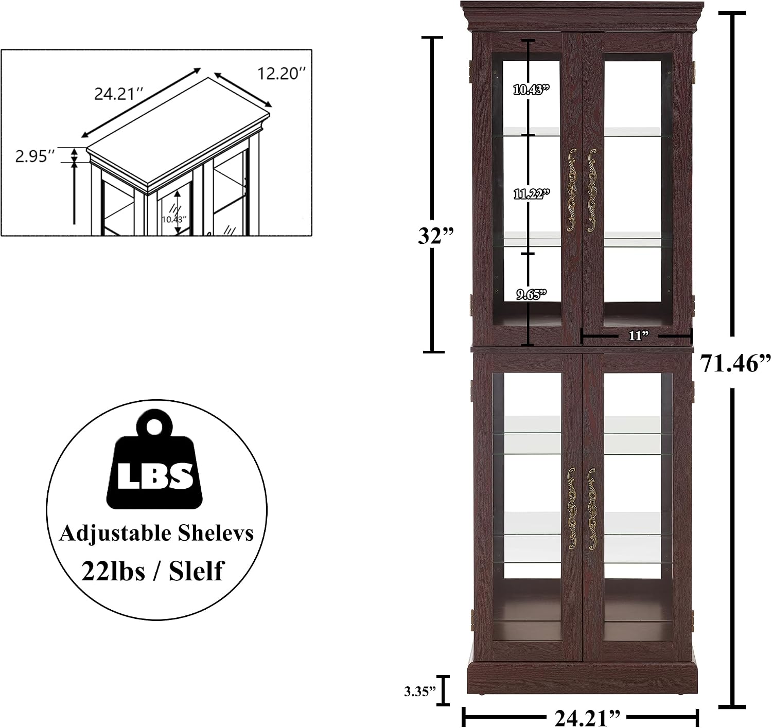 71' H Lighted Curio Cabinet Display Case, Glass Curio Cabinets with Adjustable Shelves and Tempered Glass Door, Wooden Cabinet w/Mirrored Back Pane for Living Room (Dark Cherry)