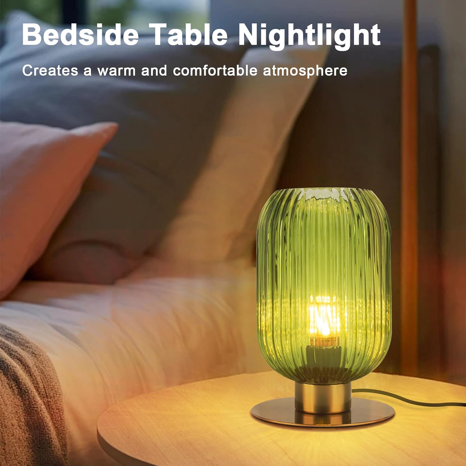 Bedside Table Lamps Set of 2, Small Glass Table Lamp Green Bedside Lamp with Brass Metal Base, Mid Century Table Lamp Gold Nightstand Lamp End Table Lamps for Bedroom Living Room Office