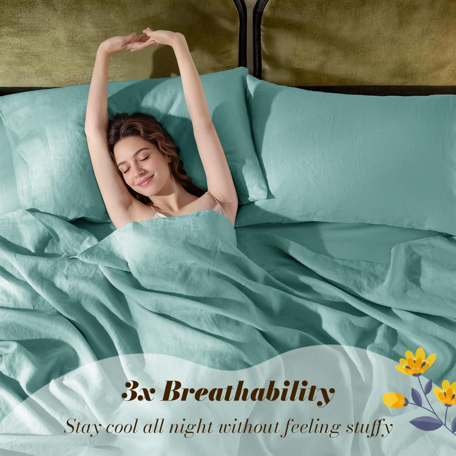 SONORO KATE 100% French Pure Linen Sheets, Breathable and Durable Linen Queen Size Sheets, Anti-Tear Linen Bed Sheets, Machine Washable, 16 Inch Deep Pocket - 4 Piece (Aqua, Queen)