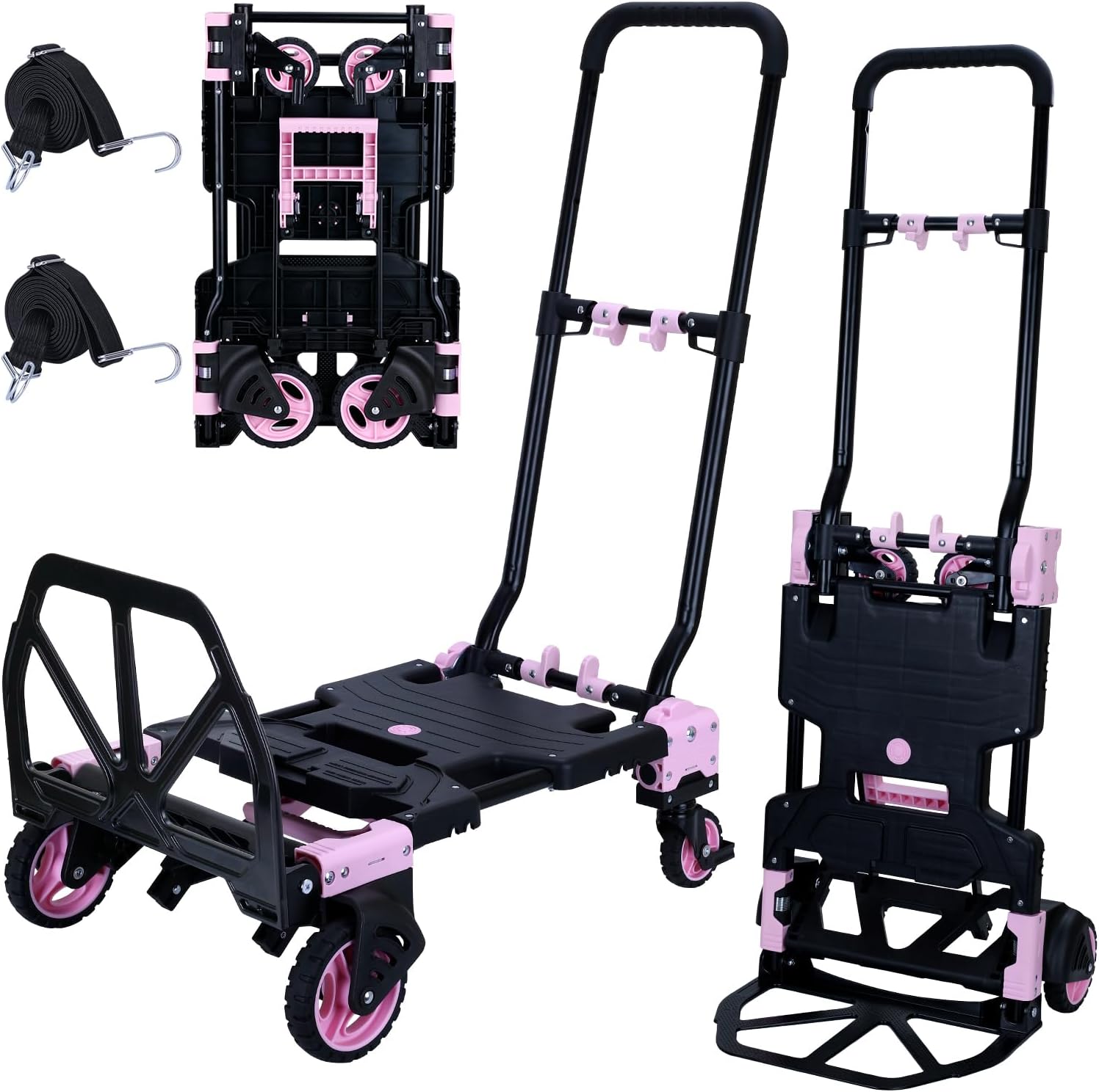 JJSMKCH 2 in 1 Folding Hand Truck,330LB Capacity Hand Truck Foldable,Dolly Cart with Wheels and 3-Speed Adjustable Handle,Portable Hand Cart,Collapsible Dolly for Moving (Pink)