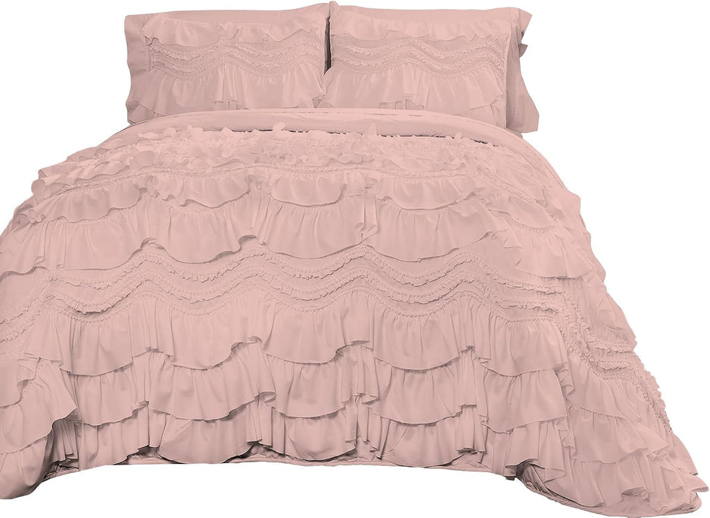 100% Egyptian Cotton, 550 GSM Microfiber Filled Quilt Ruffled Textured 3 Piece Full/Queen Size Comforter Set, Blush