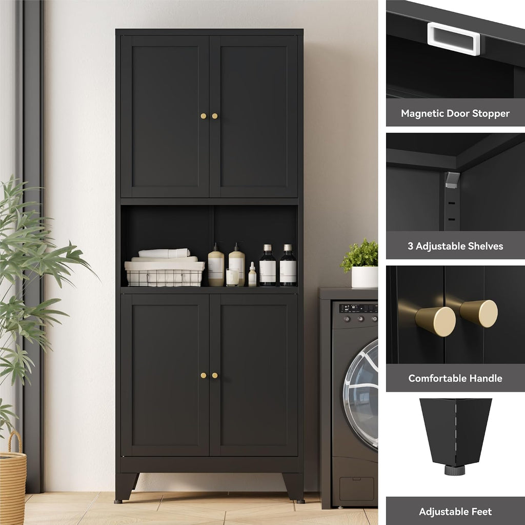 Bevivog Black Pantry Cabinet, 69' Tall Metal Storage Cabinet with Hutch, 4 Doors Pantry Shelves Microwave Stand, Freestanding Tall Bathroom Storage Cabinet for Kitchen, Dining Room, Laundry Room