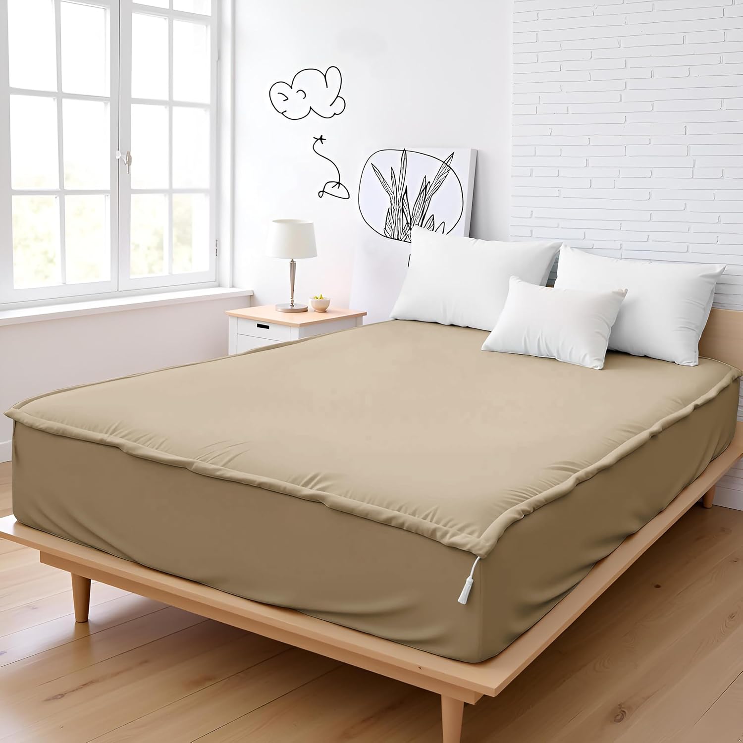 Zip On Sheets Full XL Zipper Fitted Sheets 54X80 - Includes 2 Zip On Sheet & 1 Fitted Sheet Base - 8' to 16' Inch Deep Pocket Zipper Sheets - Faster & Easier Microfiber Full XL Size - Baige