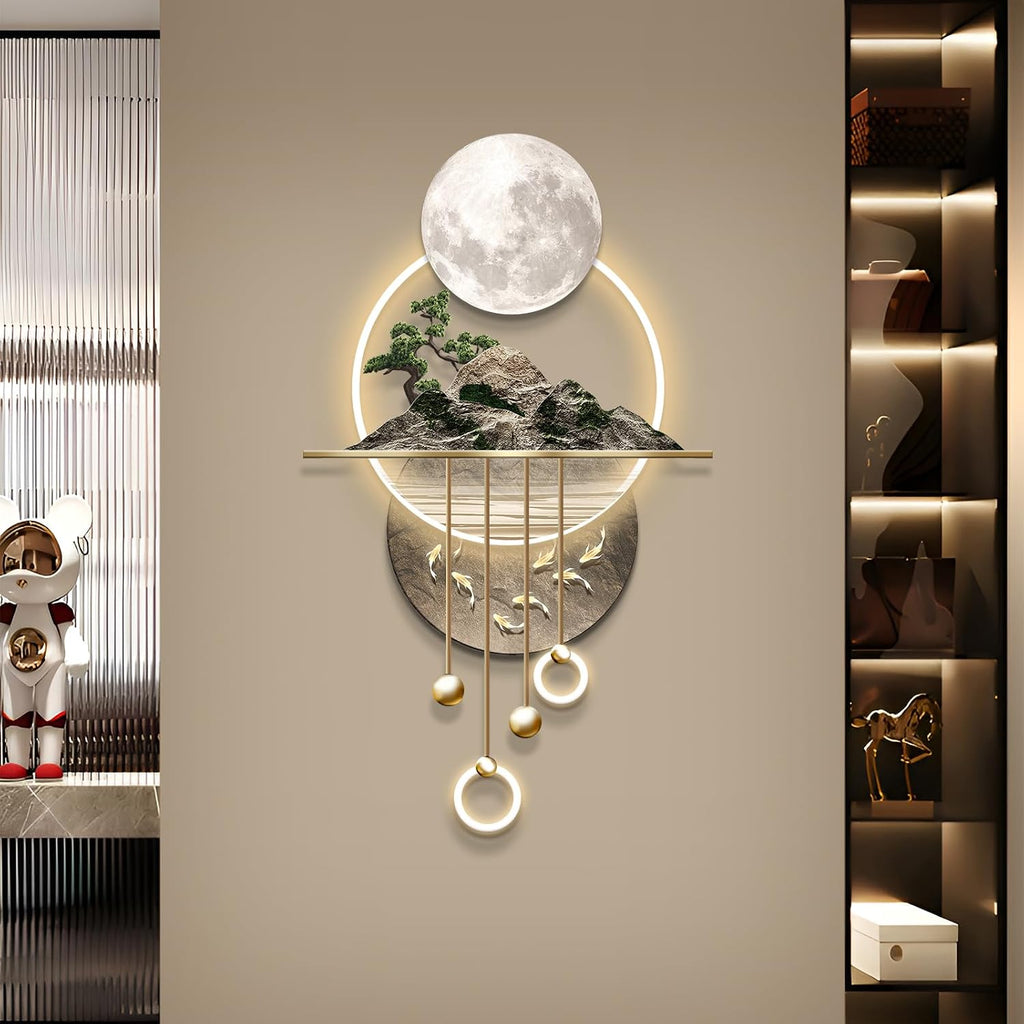 XQDYSG 3D Art Wall Decor with Light, Decor Wall Sculptures Large 3D Art, Modern Home Decor Landscape Wall Sculpture, Plug-in Power Supply, Gold B, 23x49IN