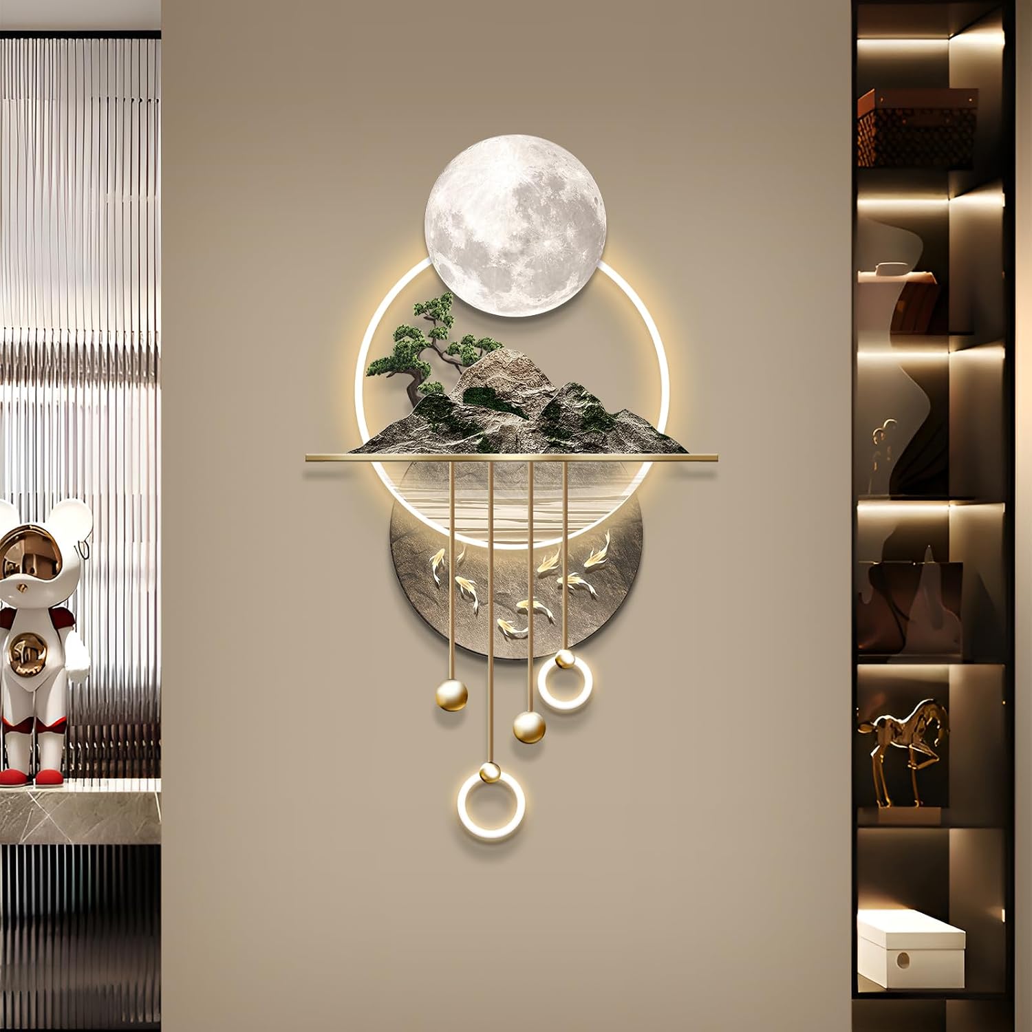 XQDYSG 3D Art Wall Decor with Light, Decor Wall Sculptures Large 3D Art, Modern Home Decor Landscape Wall Sculpture, Plug-in Power Supply, Gold B, 23x49IN