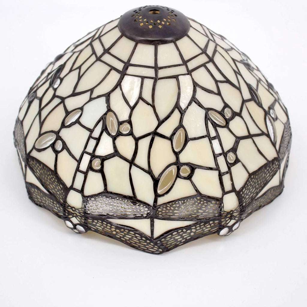 WERFACTORY Tiffany Lamp Cream Stained Glass Dragonfly Bedside Table Lamp Desk Reading Light 12X12X18 Inches Decor Bedroom Living Room Home Office S139 Series