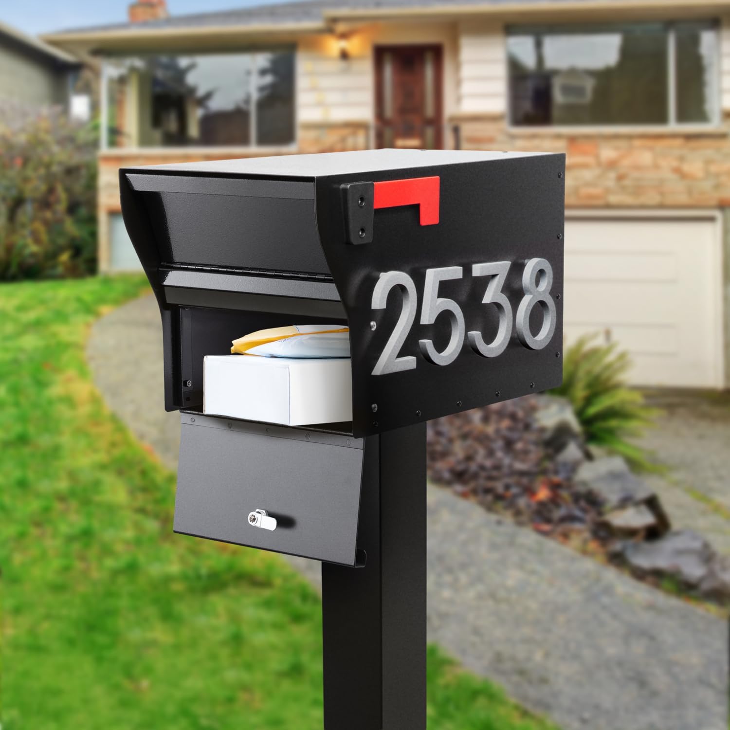 Whitehall MailVault Locking Mailbox with Standard Post – Durable Steel Mailbox with Aluminum Post, Modern Square Design, Weather-Resistant, Secure Lockable Mailbox for Home or Business