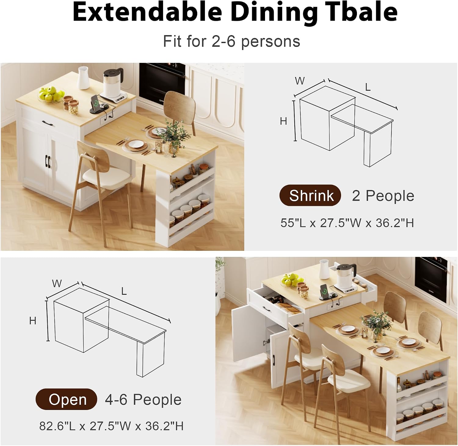 RUNNA Kitchen Island with Extendable Dining Table for 4-6 Person,Two-Tone KitchenTable, Power Outlet, Kitchen Island with Storage 2 Drawers 2 Side Open Shelves (White Oak~010)