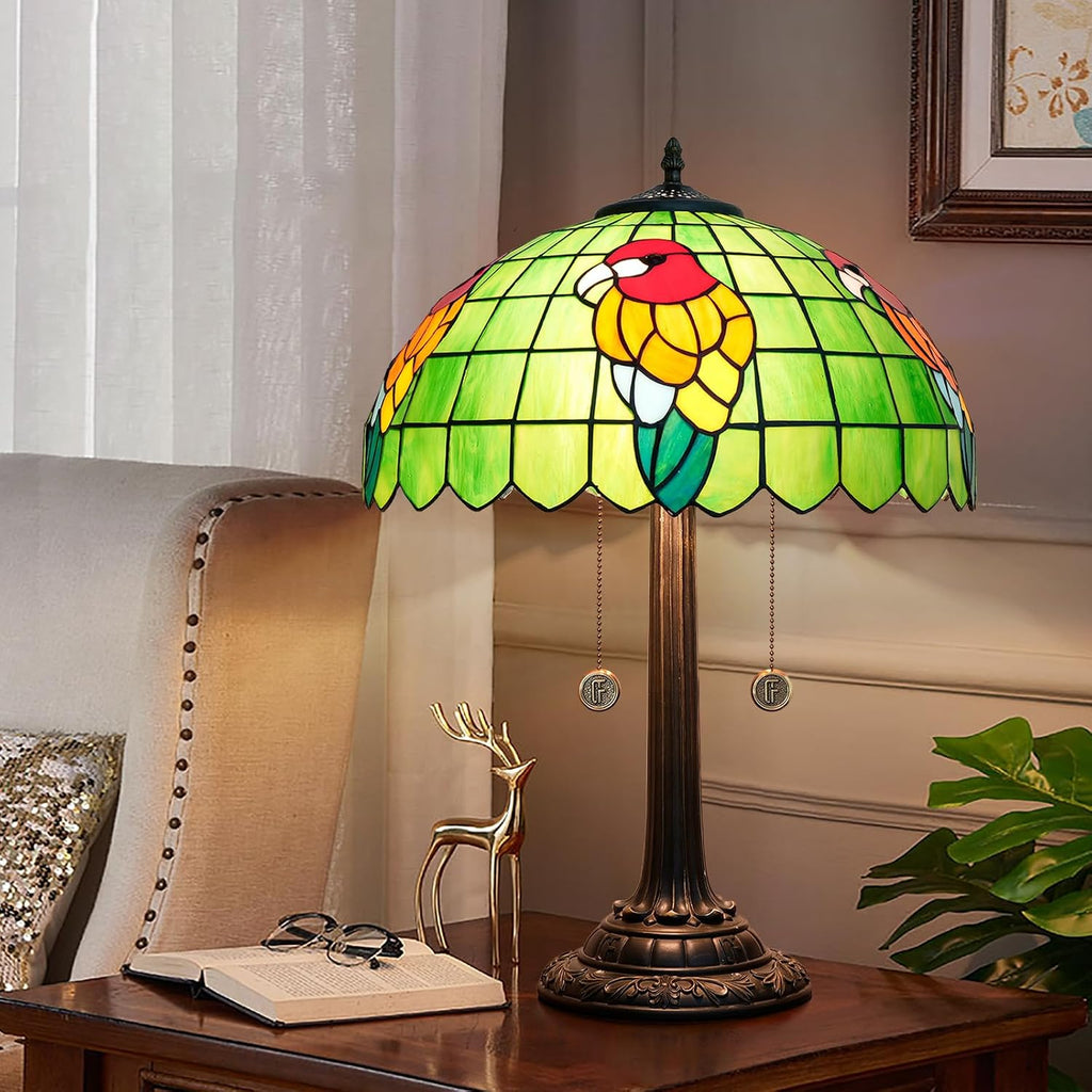 Tiffany Table Lamp Green Stained Glass Parrot Style Bedside Lamp 16X16X23 Inches Desk Decor Light Classic Farmhouse Reading Table Lamps for Home Office