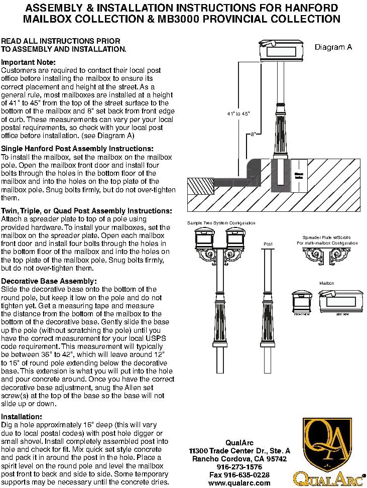 The Hanford Cast Aluminum Triple Mailbox Post System with Fluted Base, Mounting Brackets and Scroll Supports, Mailboxes Sold Separately, Ships in 2 boxes