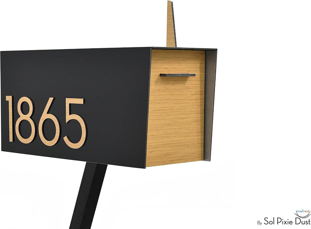 Contemporary Post-Mount Mailbox - Aluminum Black Body with Aluminum Door, Numbers and Flag - Large Customized Mailbox - Type 4 (Bamboo Wood)