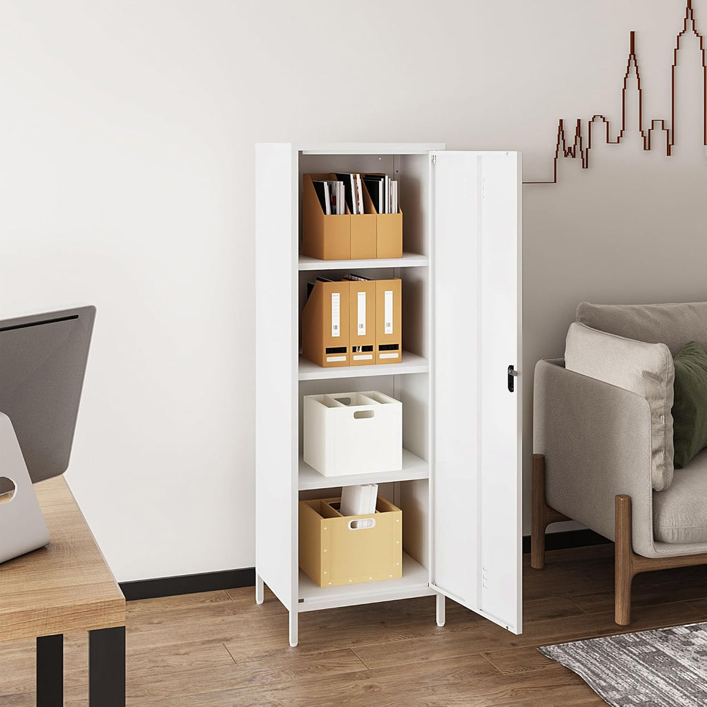 Steehoom Metal Locker Cabinet with Lock, Steel File Locker with Door and 3 Adjustable Narrow Storage Cabinet Shelves 59.06-inch high for School, Living Room, Bedroom, Office (White, H59.06'')