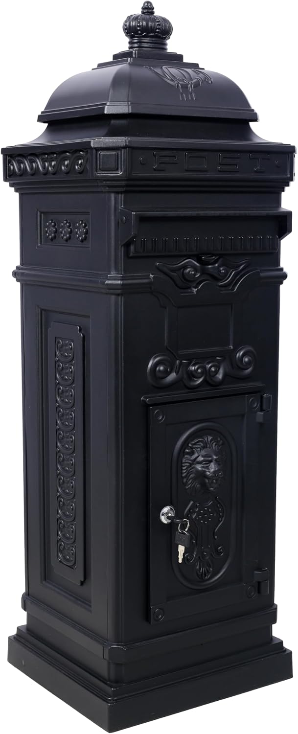 Vintage Large-Capacity Cast Aluminum Mailbox, Outdoor Weatherproof Floor Standing Postbox, Decorative Copper Finish Letter Box with Lock, Roman Column Design for Home Use (Black)