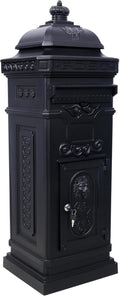Vintage Large-Capacity Cast Aluminum Mailbox, Outdoor Weatherproof Floor Standing Postbox, Decorative Copper Finish Letter Box with Lock, Roman Column Design for Home Use (Black)