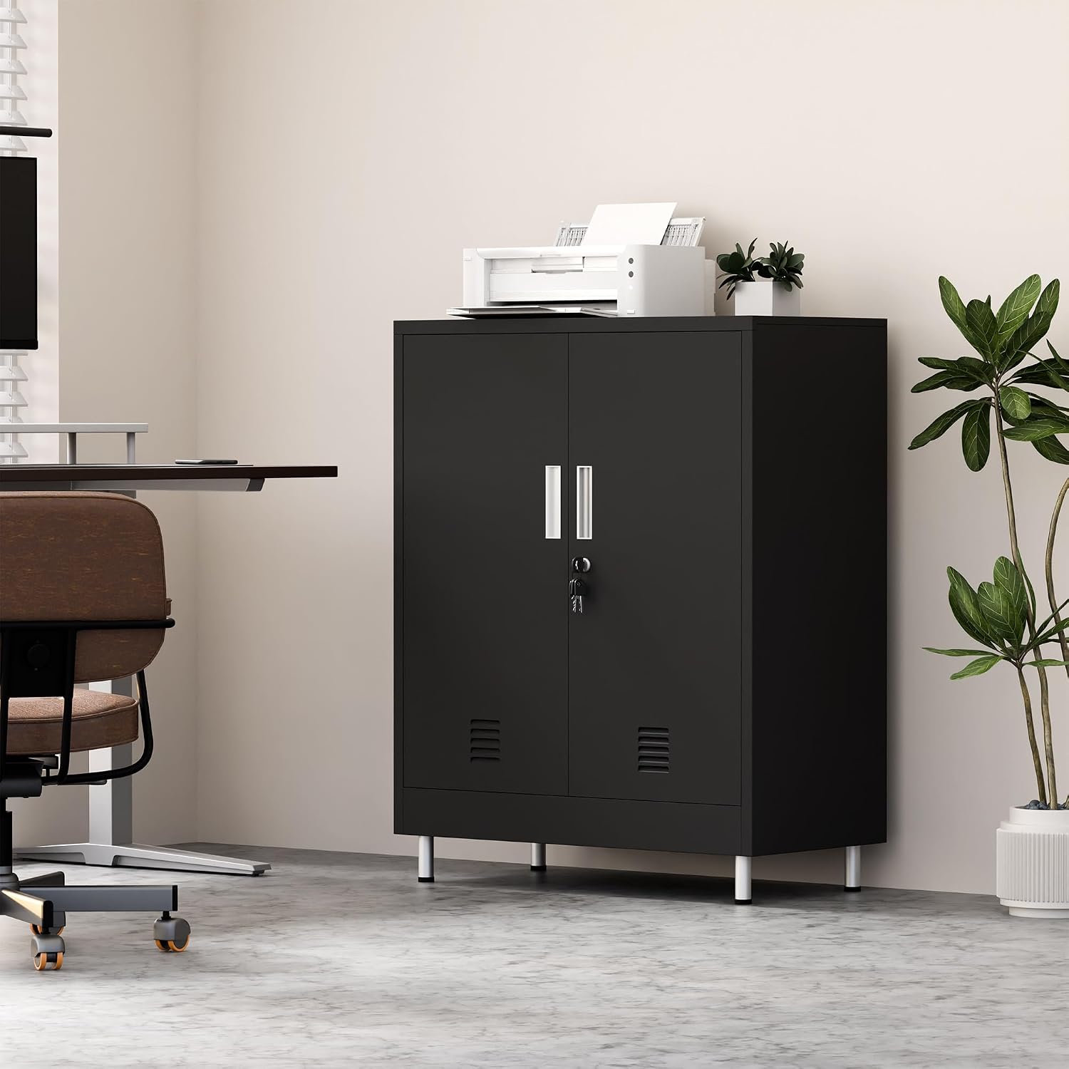 JINGUR Metal Storage Cabinet with Locking Doors and 2 Adjustable Shelves, Lockable Storage Cabinet for Home Office Garage Pantry Living Room (Black)