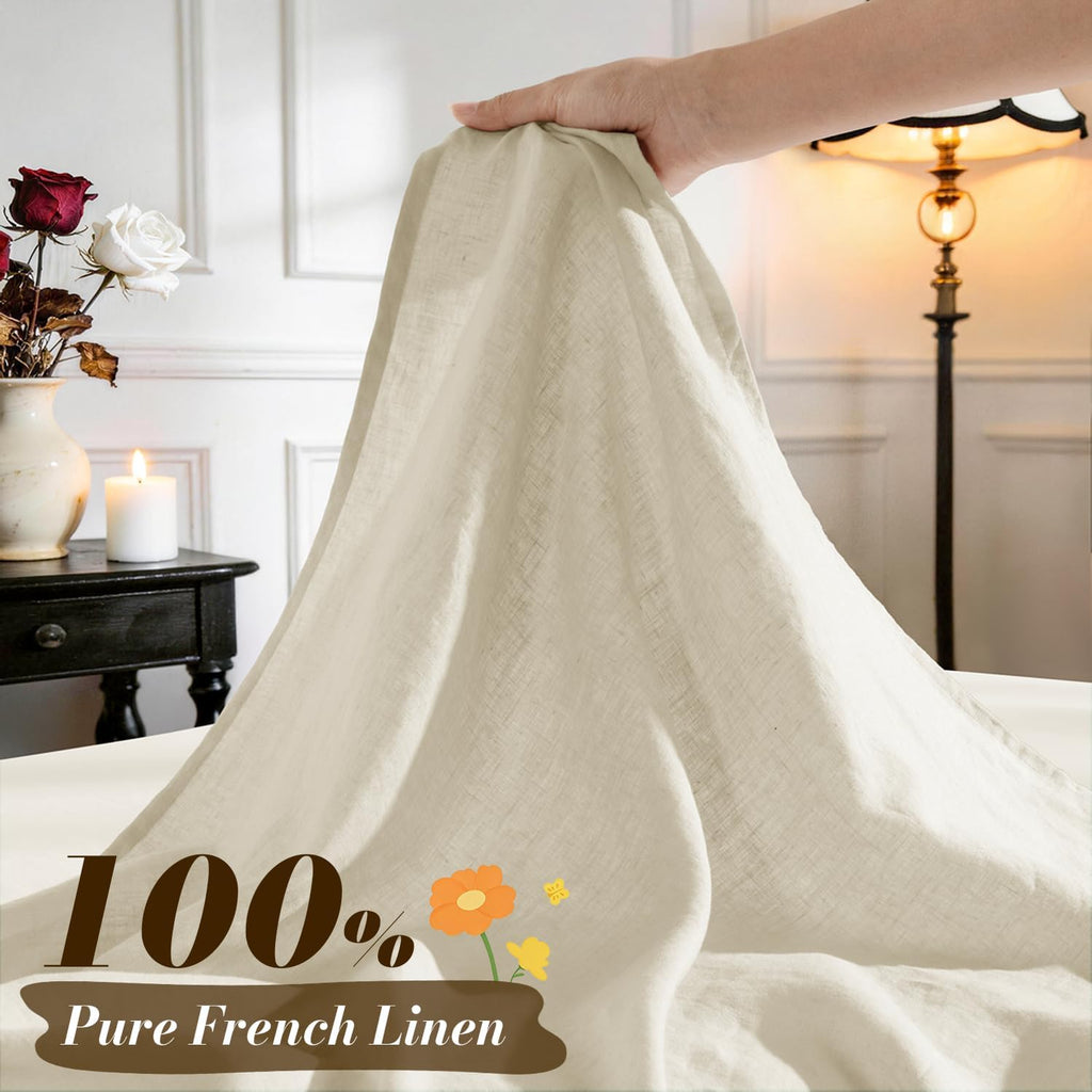 SONORO KATE 100% French Pure Linen Queen Size Sheets, Breathable and Durable, 16 Inch Deep Pocket - 4 Piece (Cream)