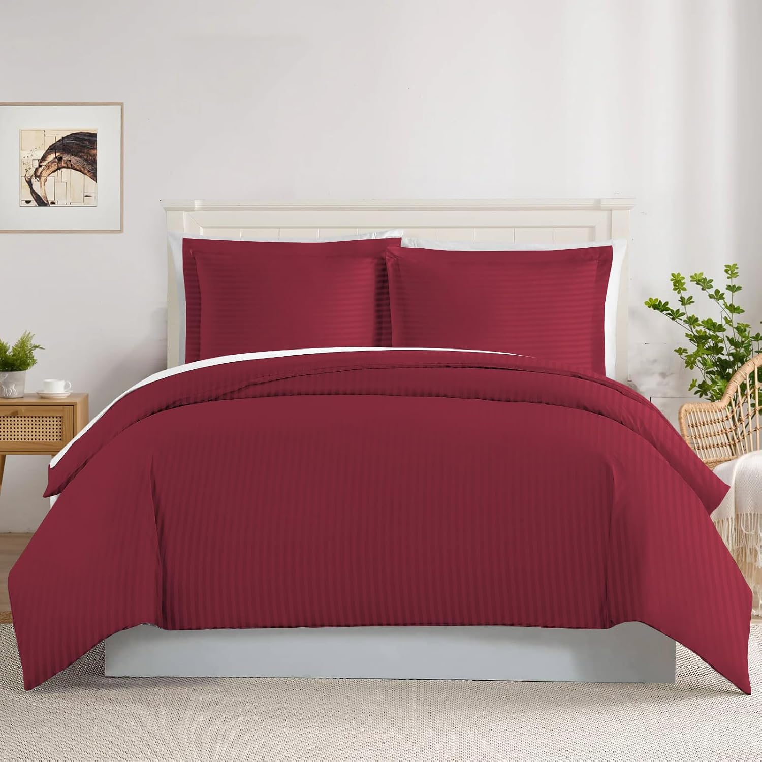 800TC 3 Sided Zipper Duvet Cover Set Soft Egyptian Cotton 3 Sided Zipper Closure, 3 PCS 1-Duvet Cover & 2- Pillow Shams - Oversize Queen Size (98' x 98') Inches, (Burgundy Stripe)
