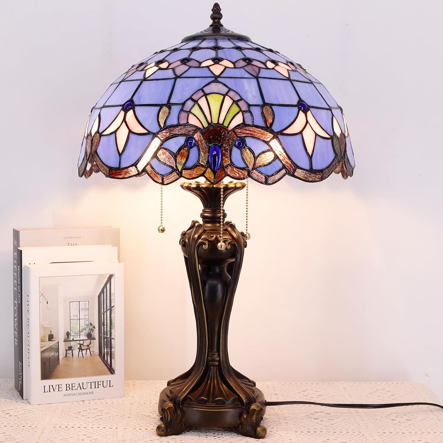Large Tiffany Lamp Shade Replacement Only 16Inch Stained Glass Lampshade Fit For Table Lamps FLoor Lamp Ceiling Fixture Pendant Hanging Light Home Office Decoration (Blue Baroque)