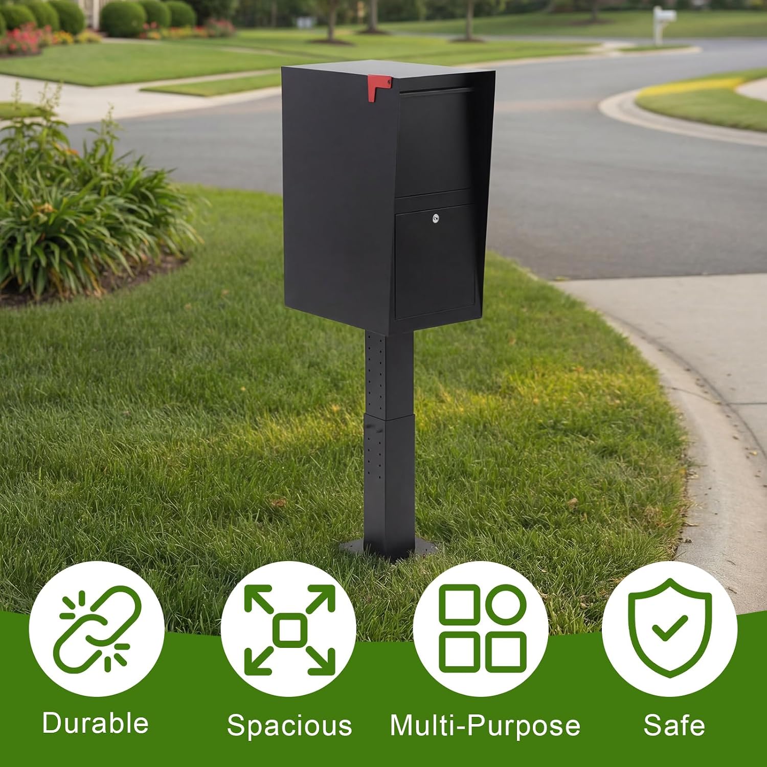 Large Mailbox Cold Rolled Steel Post Mailbox with Anti-Theft Lock, Key, Mounting Base and Mounting Post, Black, 9.6' H x 10' W x 19.6' D, Weatherproof Mailboxes for Outside the House