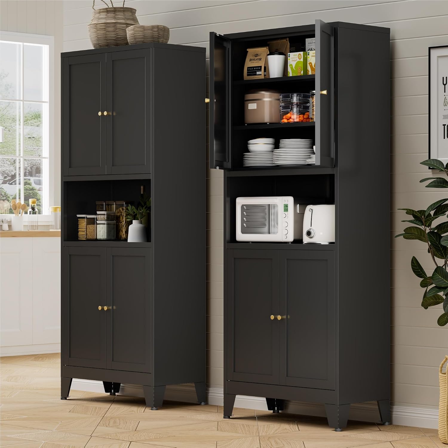 Bevivog Black Pantry Cabinet, 69' Tall Metal Storage Cabinet with Hutch, 4 Doors Pantry Shelves Microwave Stand, Freestanding Tall Bathroom Storage Cabinet for Kitchen, Dining Room, Laundry Room