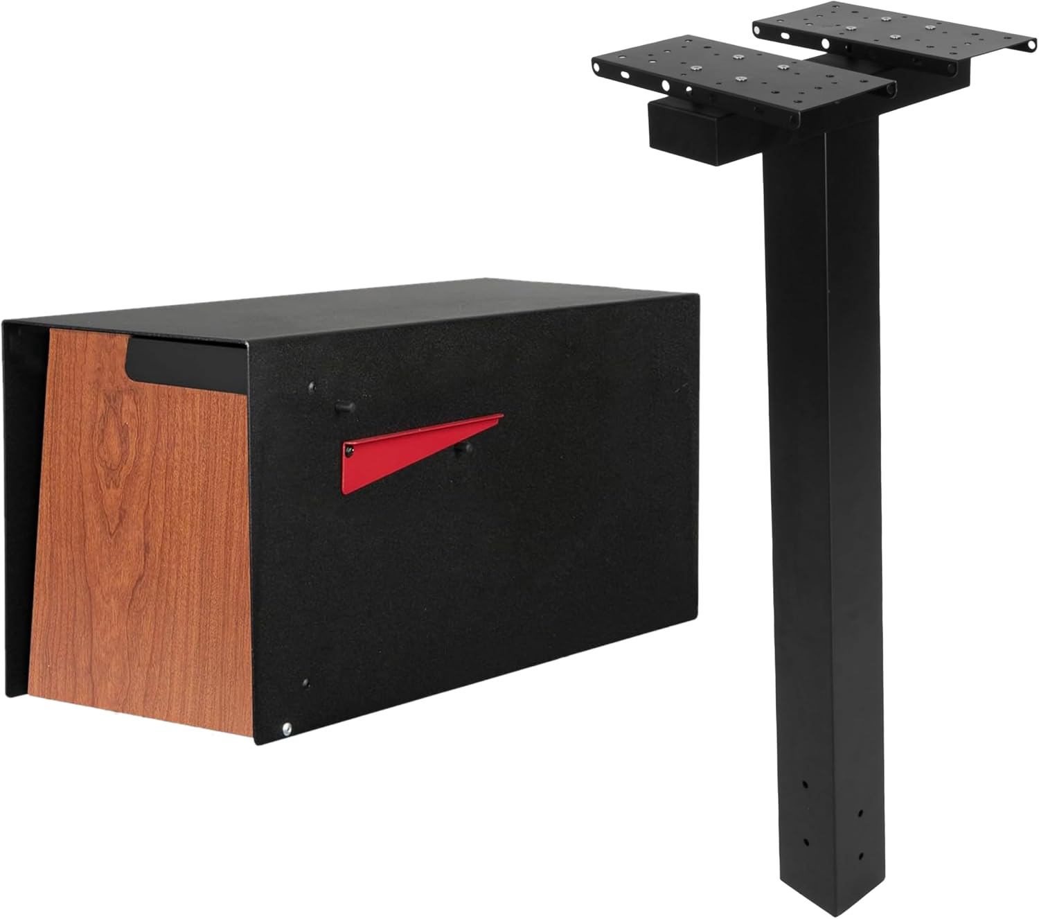 Ilyapa Modern Mailbox Post Mount with Heavy-Duty Metal Mail Box & Redwood Grain Trim, Plus Durable 43' Black Dual Mailbox Post with Universal Mounting for Outside.