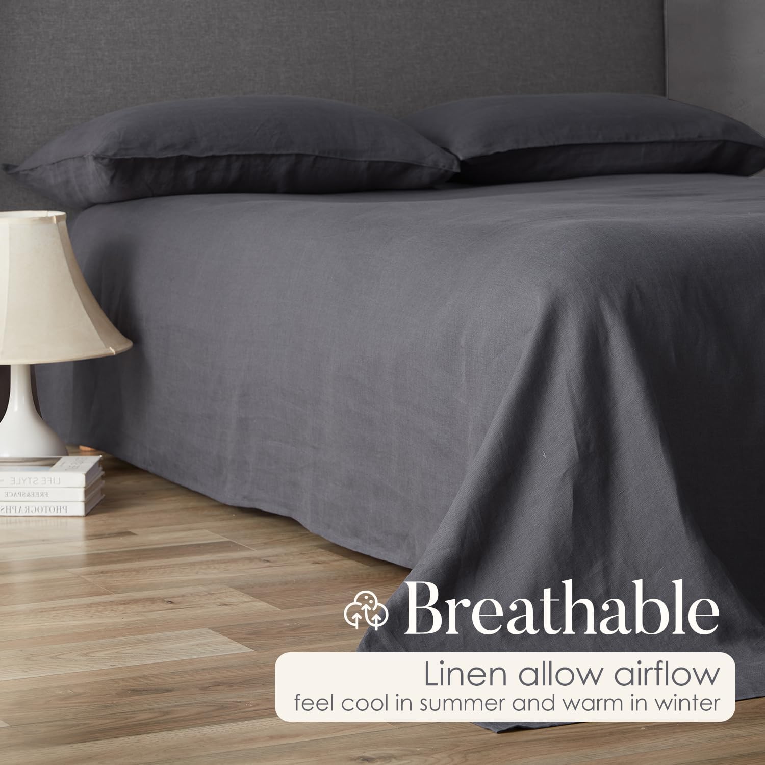 DAPU Pure Linen Sheets Set, 100% French Linen from Normandy, Breathable and Durable for Hot Sleepers, 4 Pcs Set - 1 Flat Sheet, 1 Fitted Sheet, 2 Pillowcases (Dark Gray, Queen)