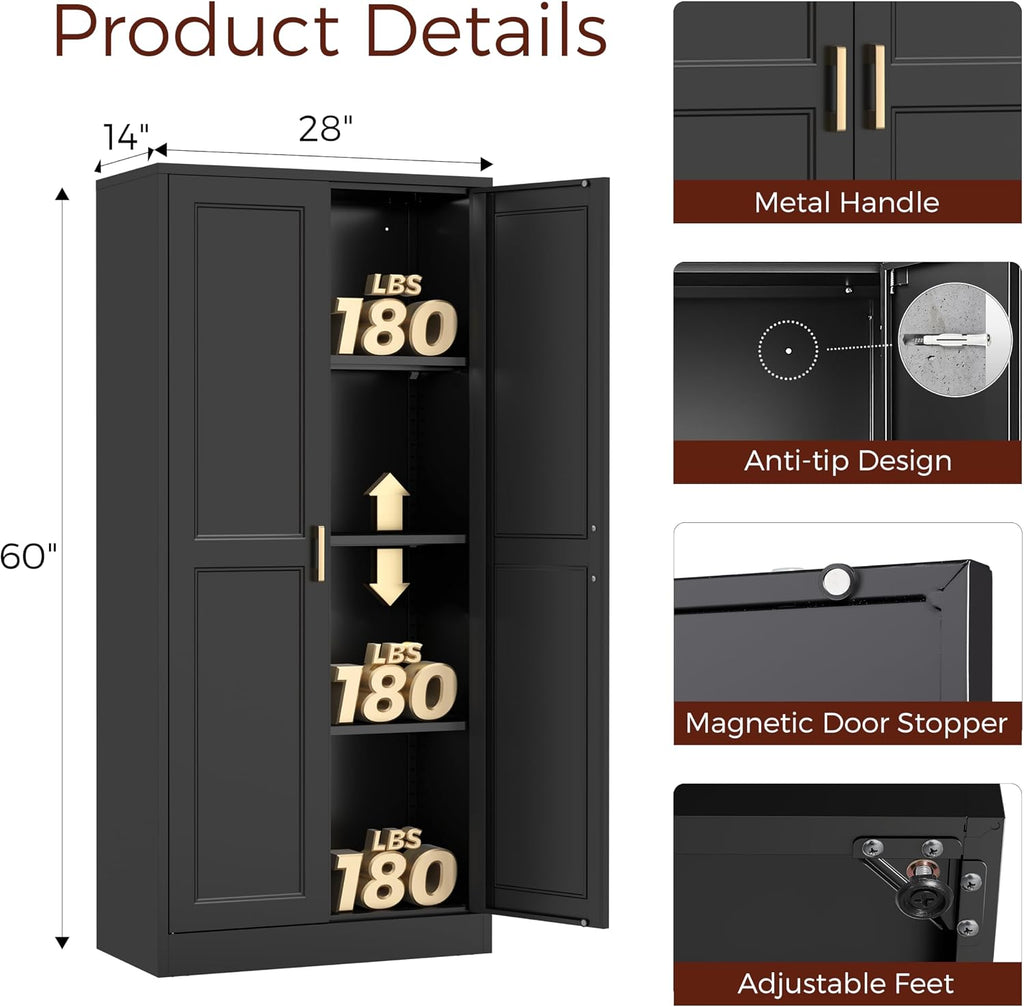 60' Tall Metal Pantry Cabinet, Black Kitchen Pantry Storage Cabinet with Doors and 3 Adjustable Shelves, Cupboard for Kitchen, Dining Room, Living Room, Bathroom